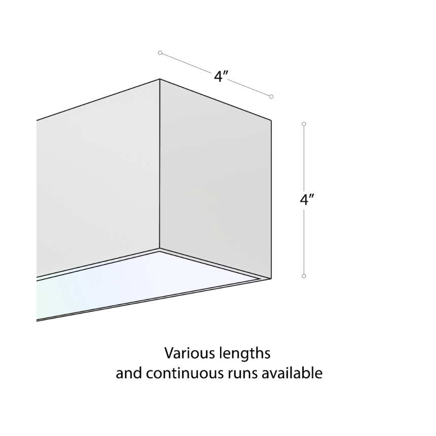 Alcon 12100-40-S-RGBW, surface linear ceiling light shown in white finish, with a flush trim-less lens, and color changing capabilities.