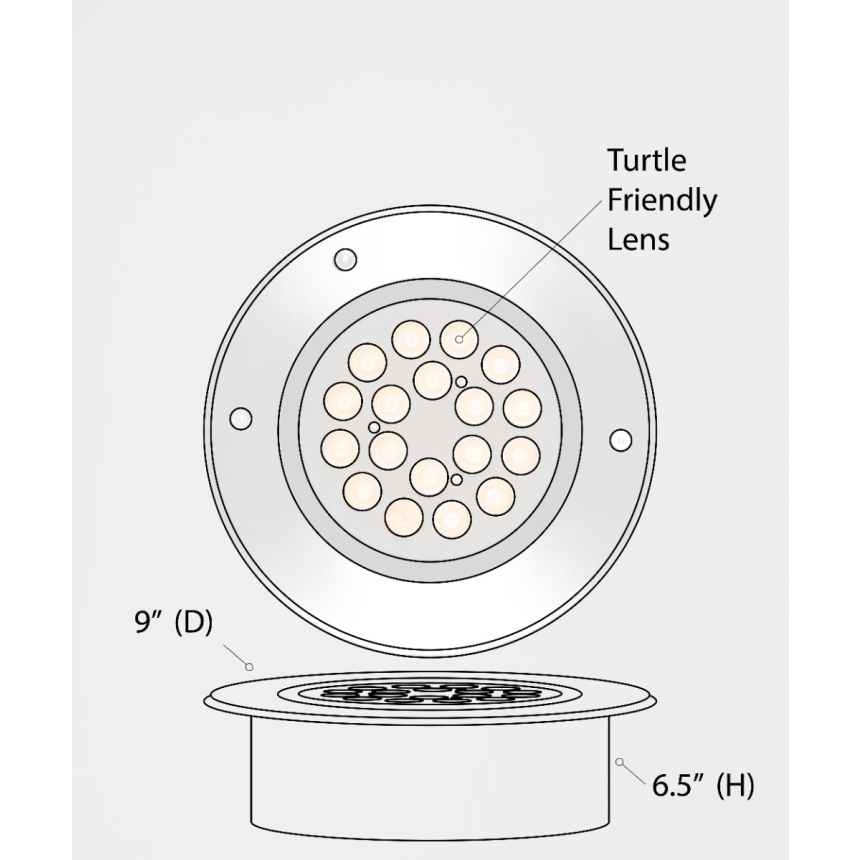 The 14127-9 in-ground well light by Alcon Lighting with a clear, 9-inch shatterproof lens shown with a stainless steel finish