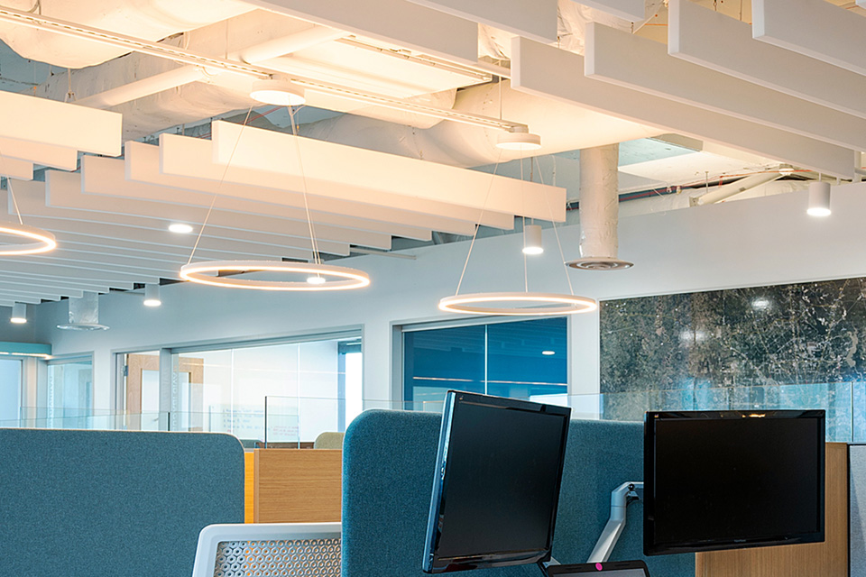 Two types of modern pendant light fixtures—ring pendant and cylinder pendant—light works spaces at the Othon Engineering office in Houston, Texas